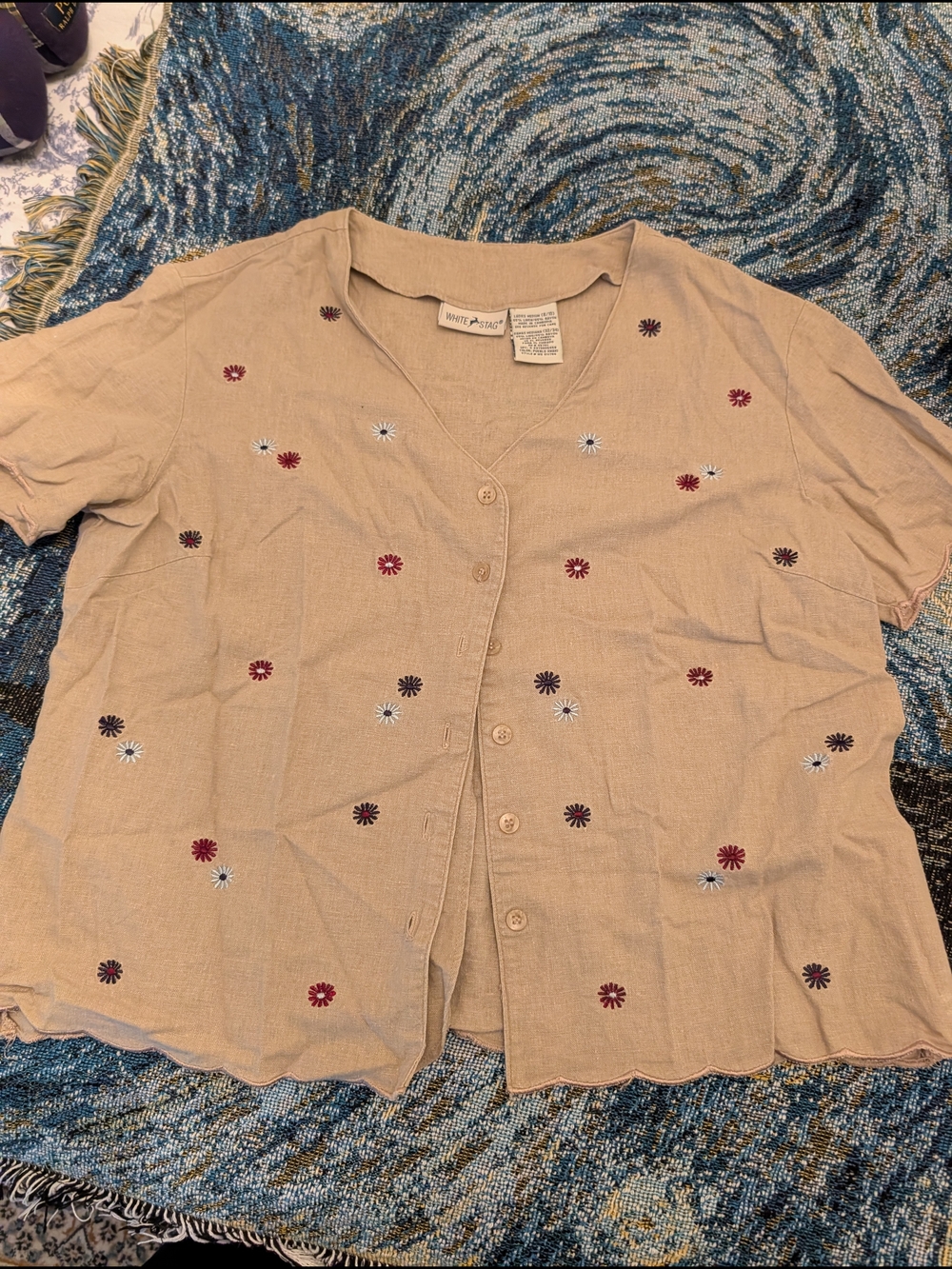 White Stag Beige Embroidered Button-Front Women's Top